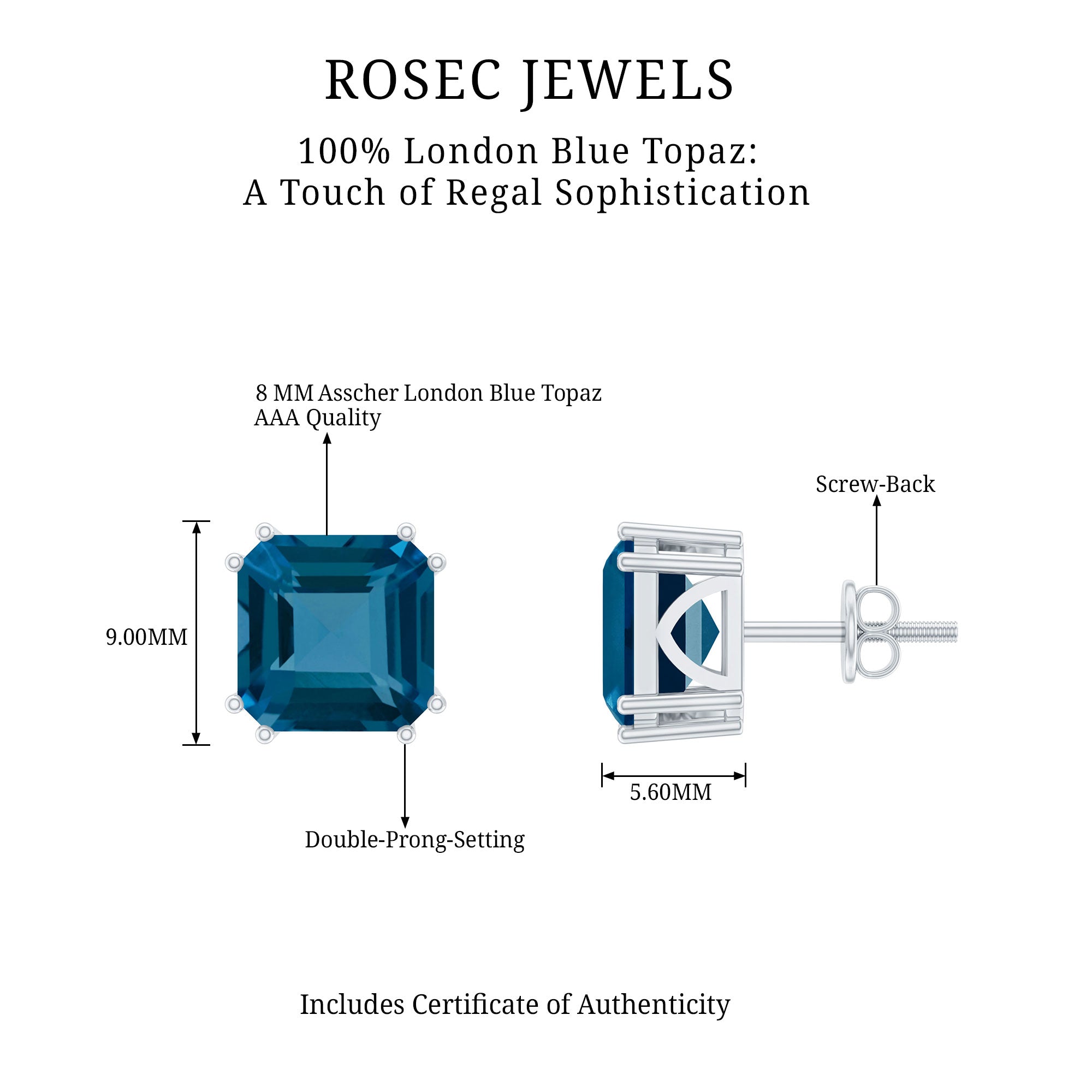 Asscher Cut London Blue Topaz Solitaire Stud Earrings