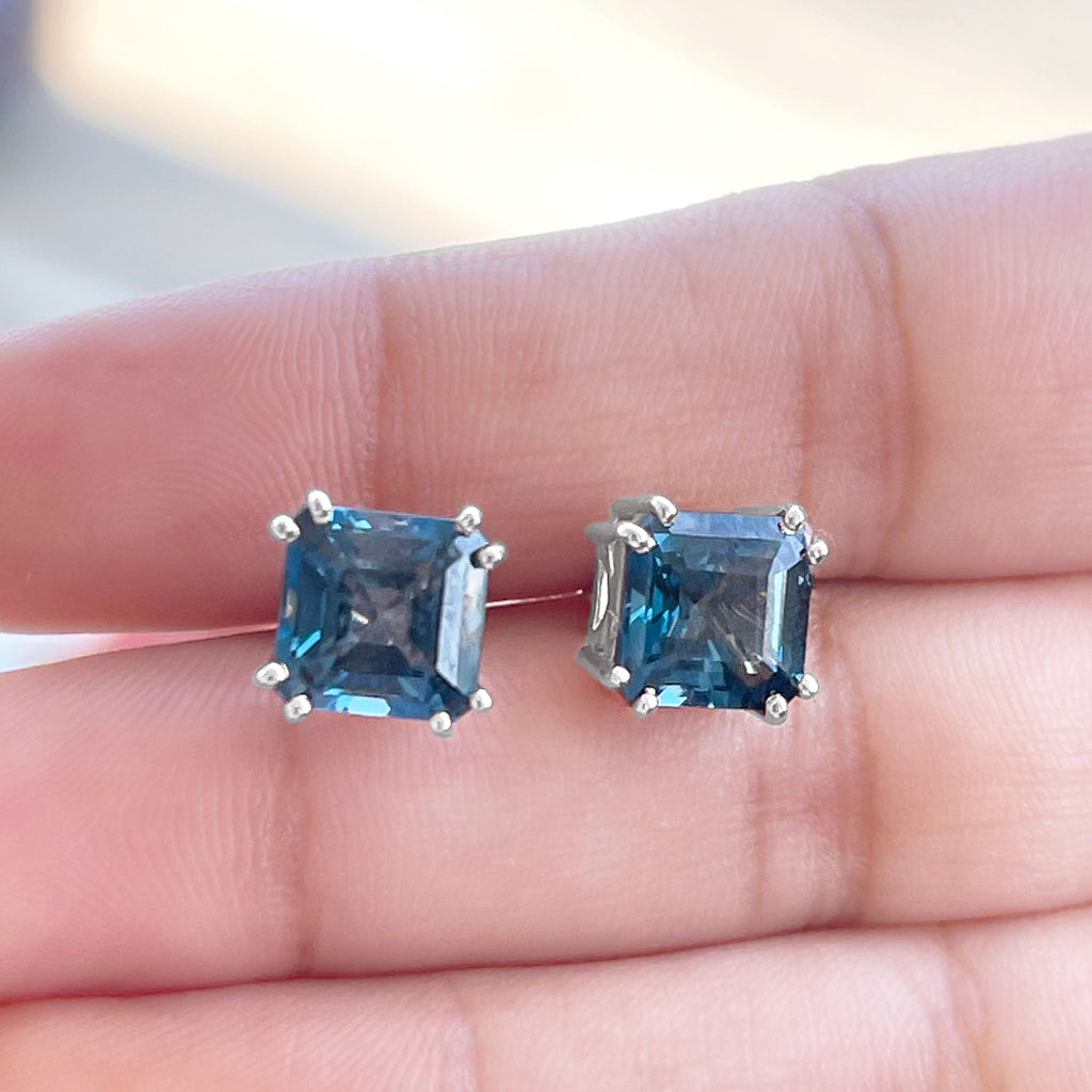 Asscher Cut London Blue Topaz Solitaire Stud Earrings