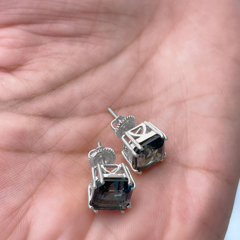 Asscher Cut London Blue Topaz Solitaire Stud Earrings