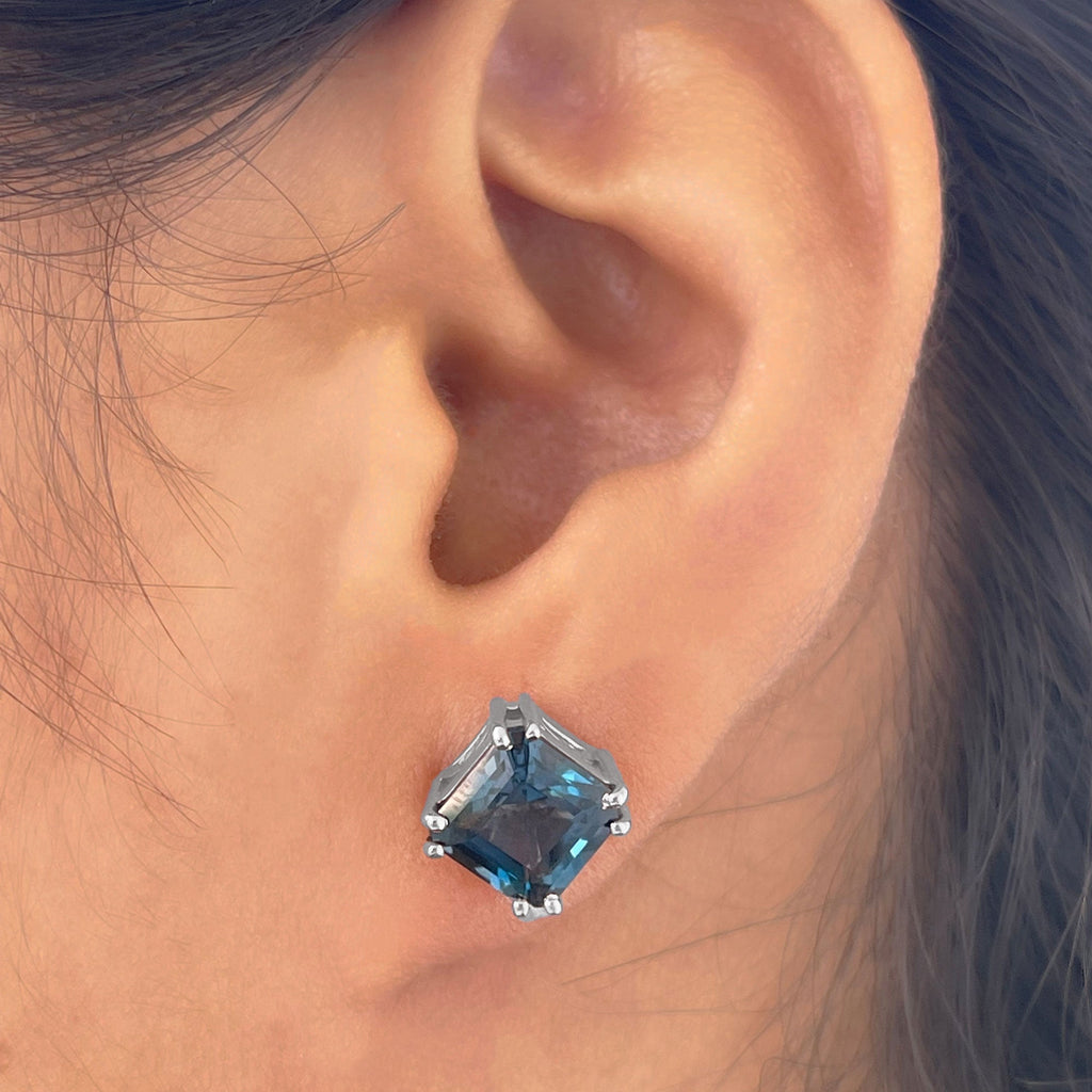 Asscher Cut London Blue Topaz Solitaire Stud Earrings