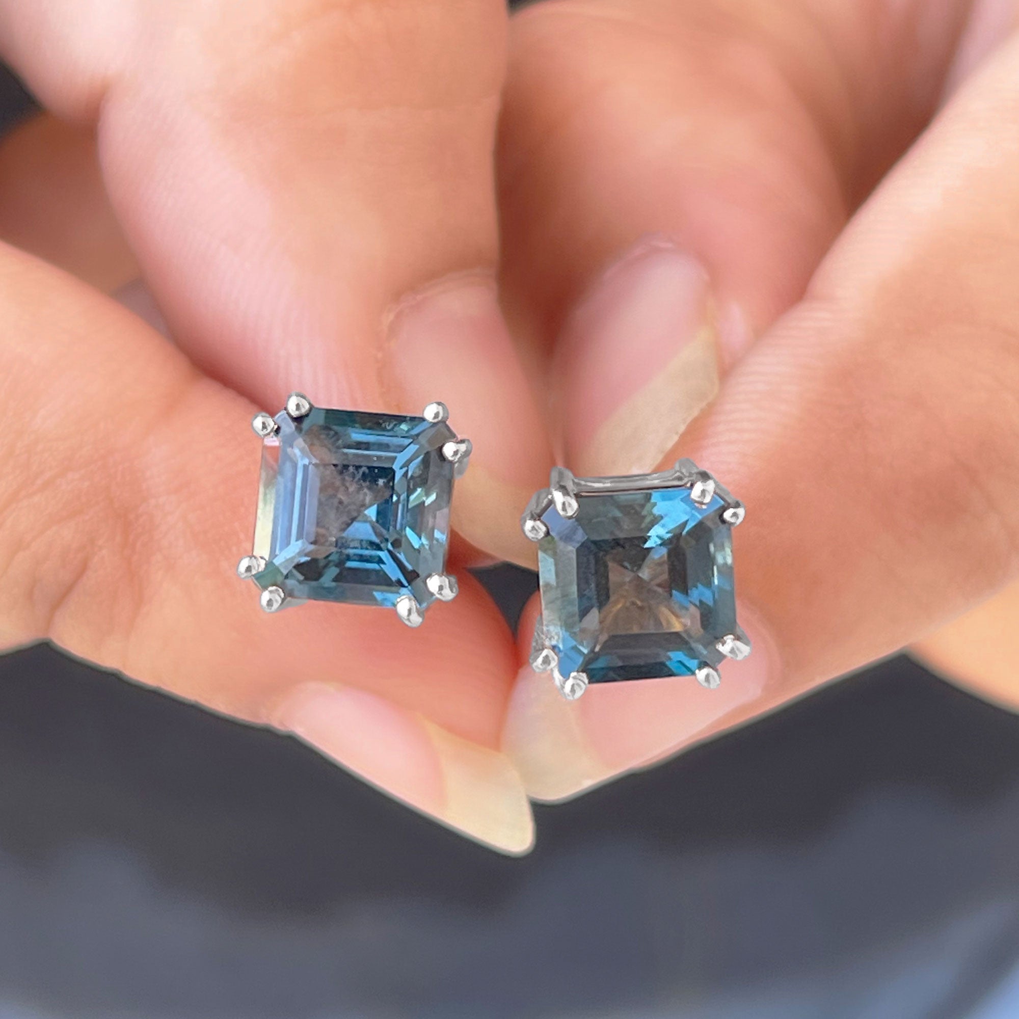 Asscher Cut London Blue Topaz Solitaire Stud Earrings