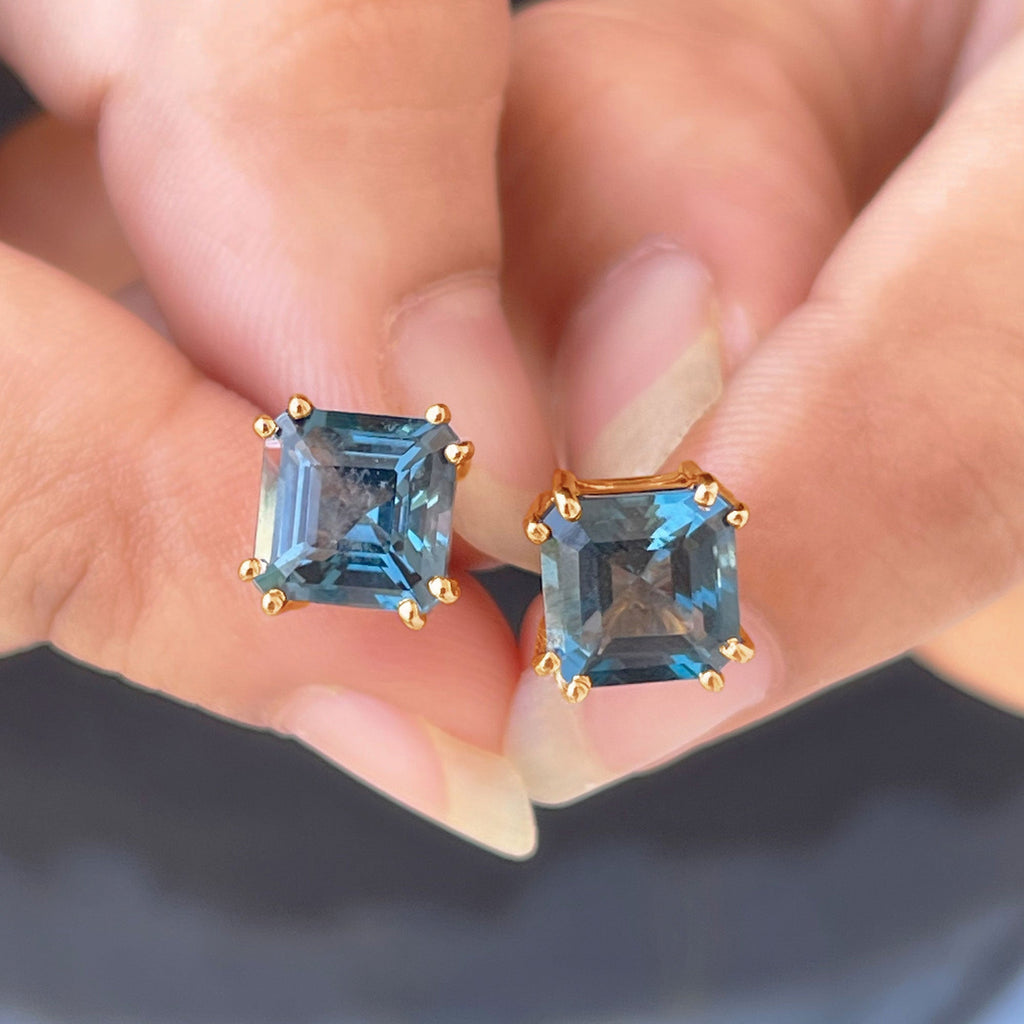 Asscher Cut London Blue Topaz Solitaire Stud Earrings