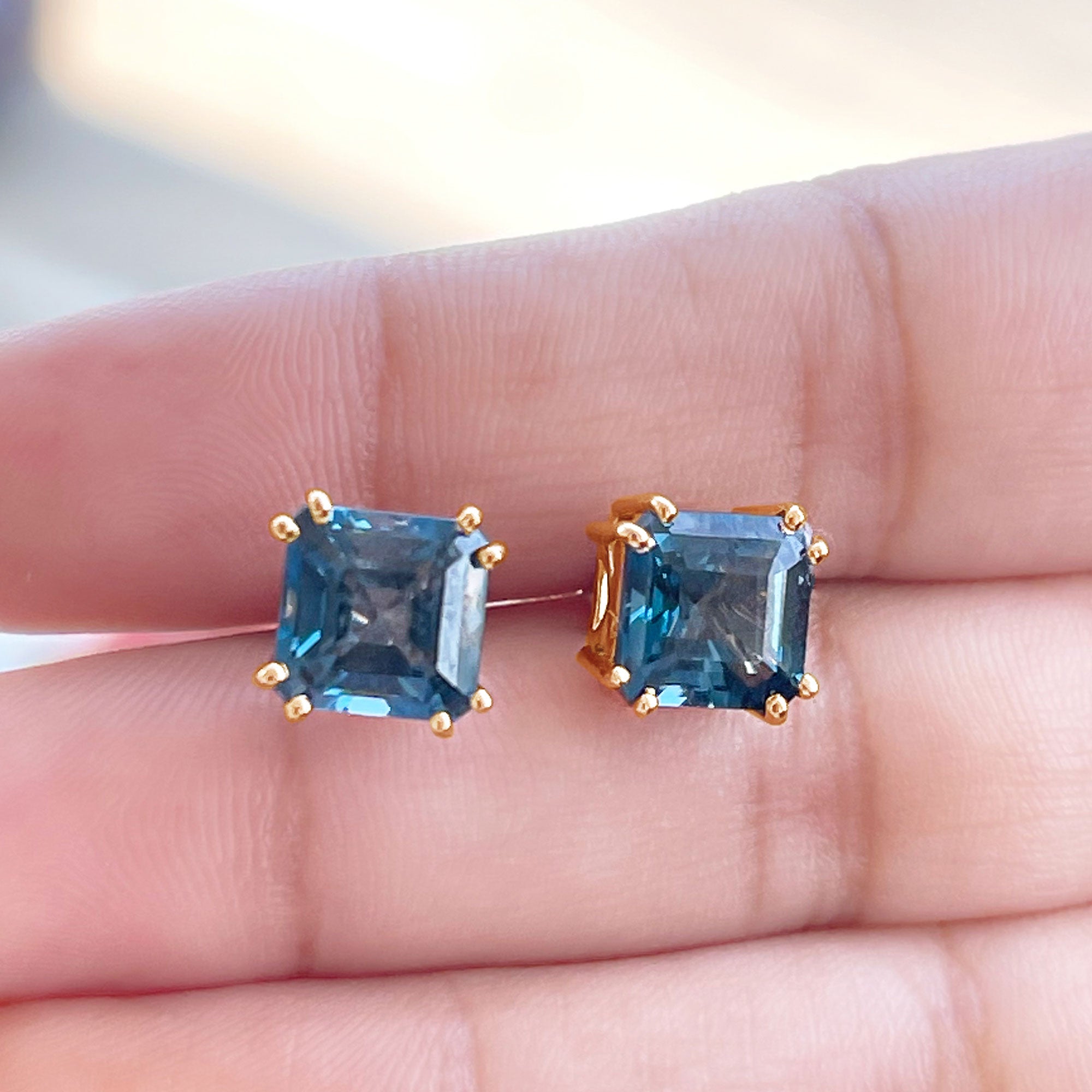 Asscher Cut London Blue Topaz Solitaire Stud Earrings