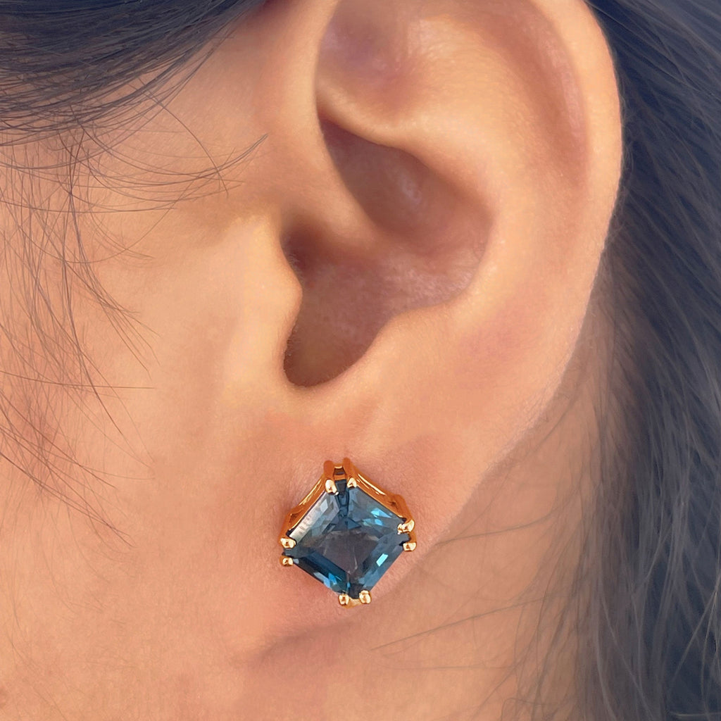 Asscher Cut London Blue Topaz Solitaire Stud Earrings