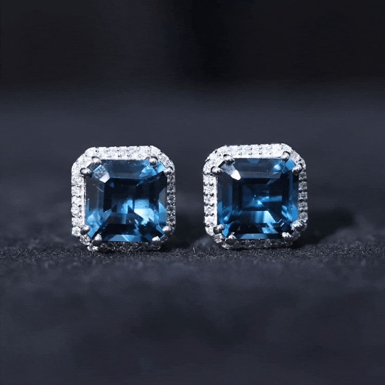 Asscher Cut London Blue Topaz and Diamond Halo Stud Earrings