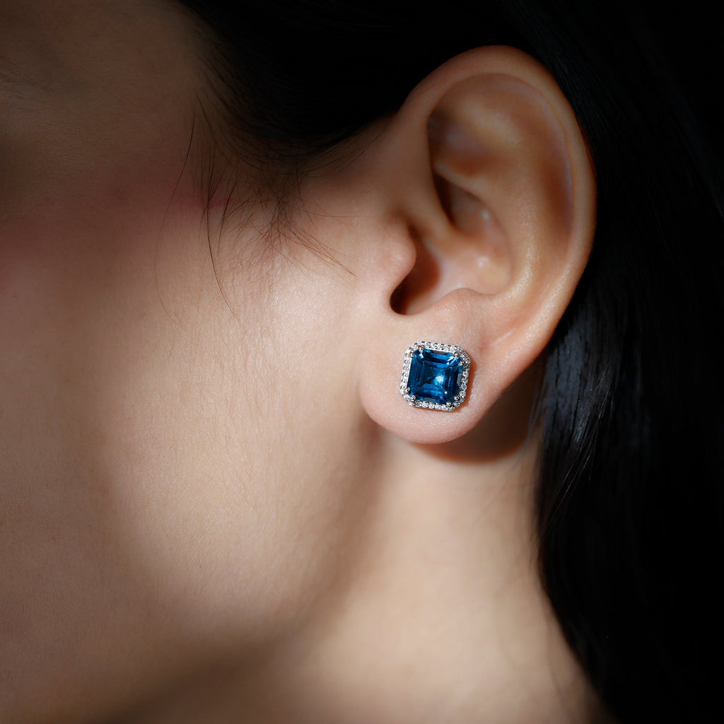 Asscher Cut London Blue Topaz and Diamond Halo Stud Earrings