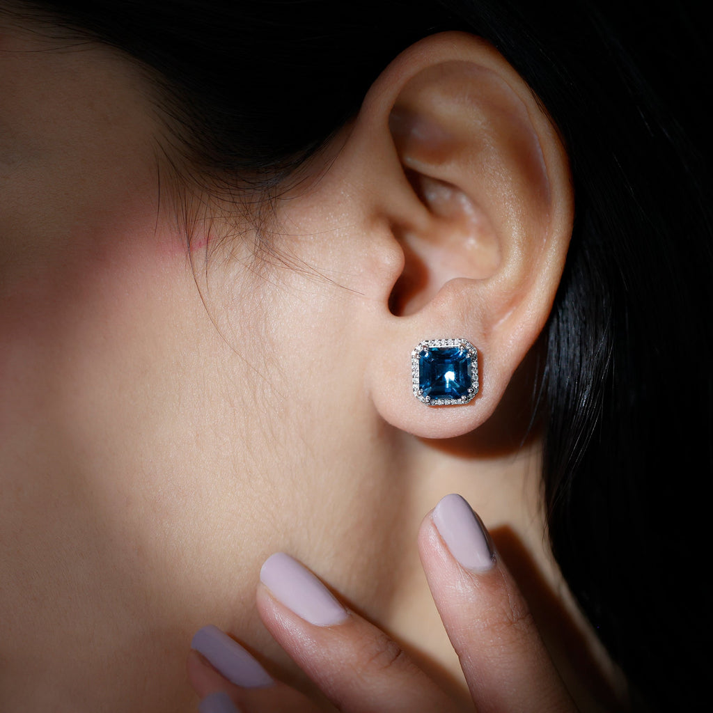 Asscher Cut London Blue Topaz and Diamond Halo Stud Earrings