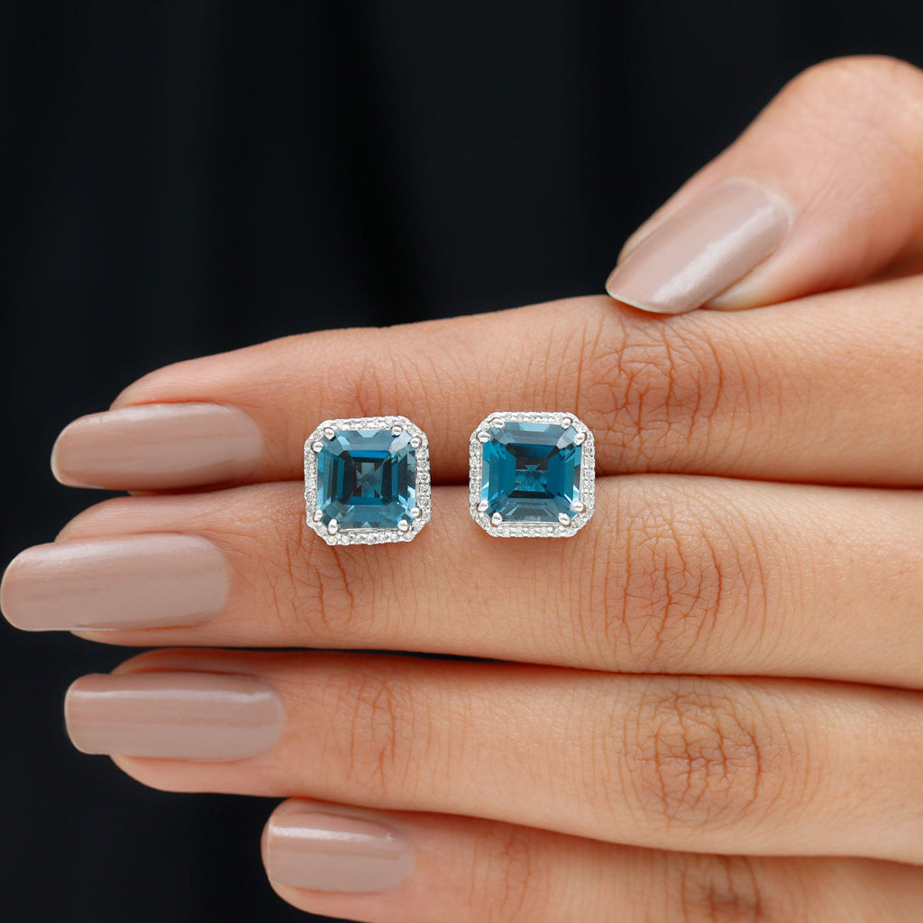 Asscher Cut London Blue Topaz and Diamond Halo Stud Earrings