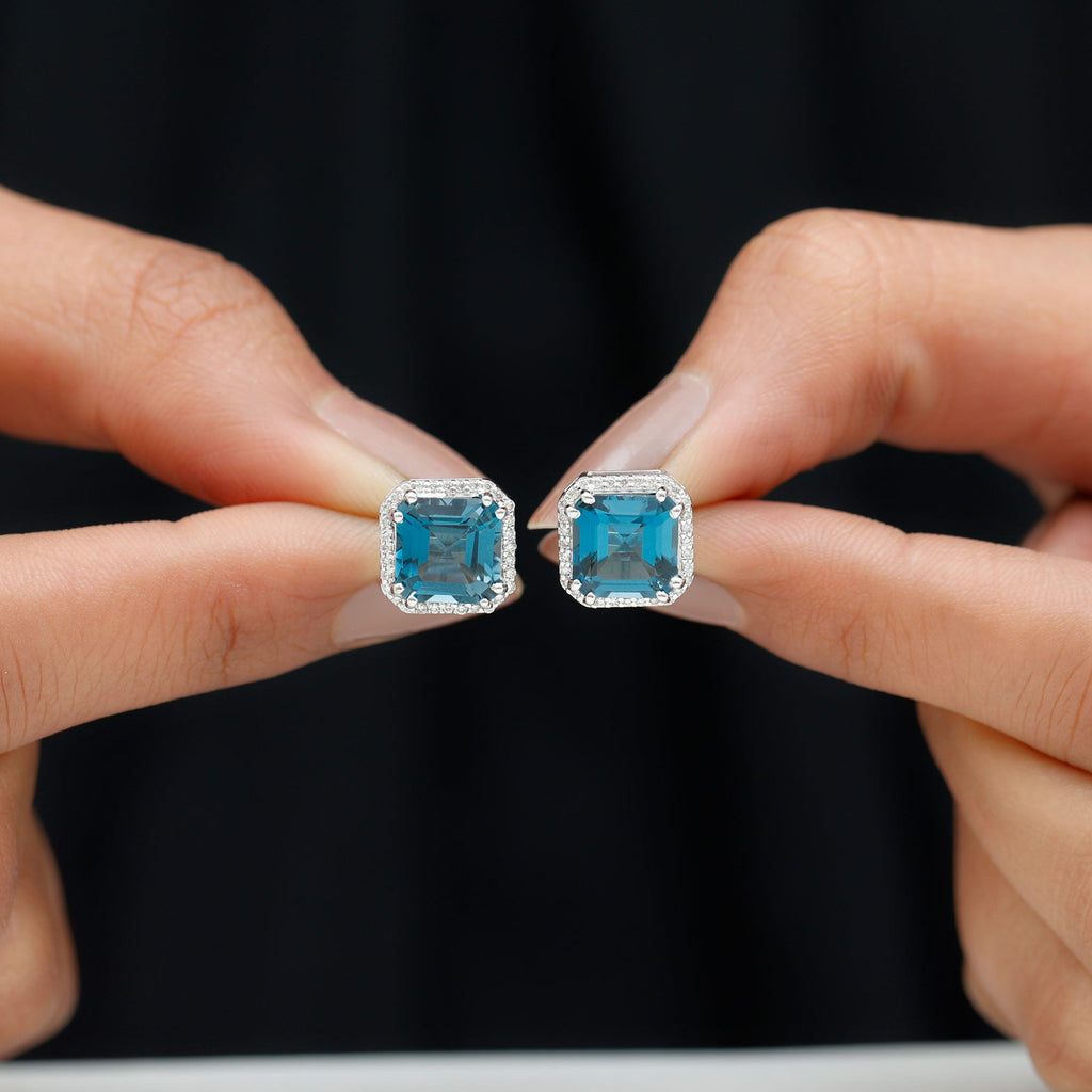 Asscher Cut London Blue Topaz and Diamond Halo Stud Earrings