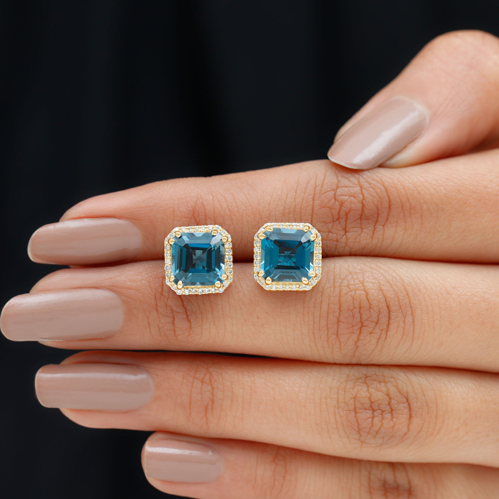 Asscher Cut London Blue Topaz and Diamond Halo Stud Earrings