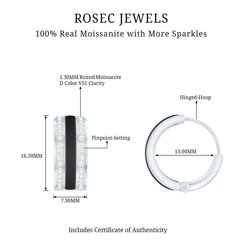 Certified Moissanite and Black Enamel Hoop Earrings