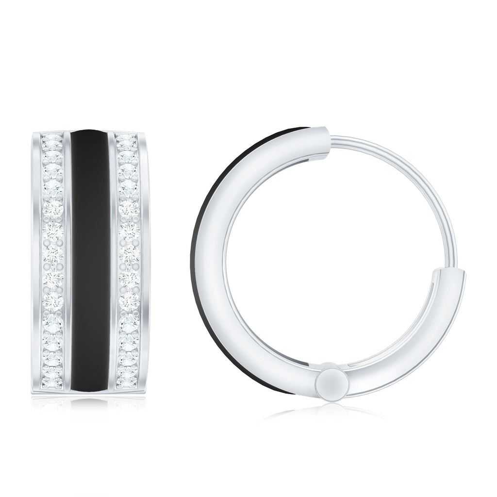 Certified Moissanite and Black Enamel Hoop Earrings