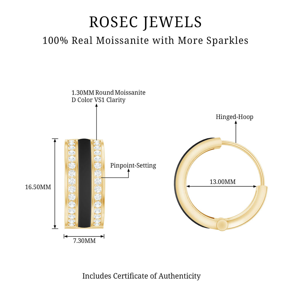 Certified Moissanite and Black Enamel Hoop Earrings
