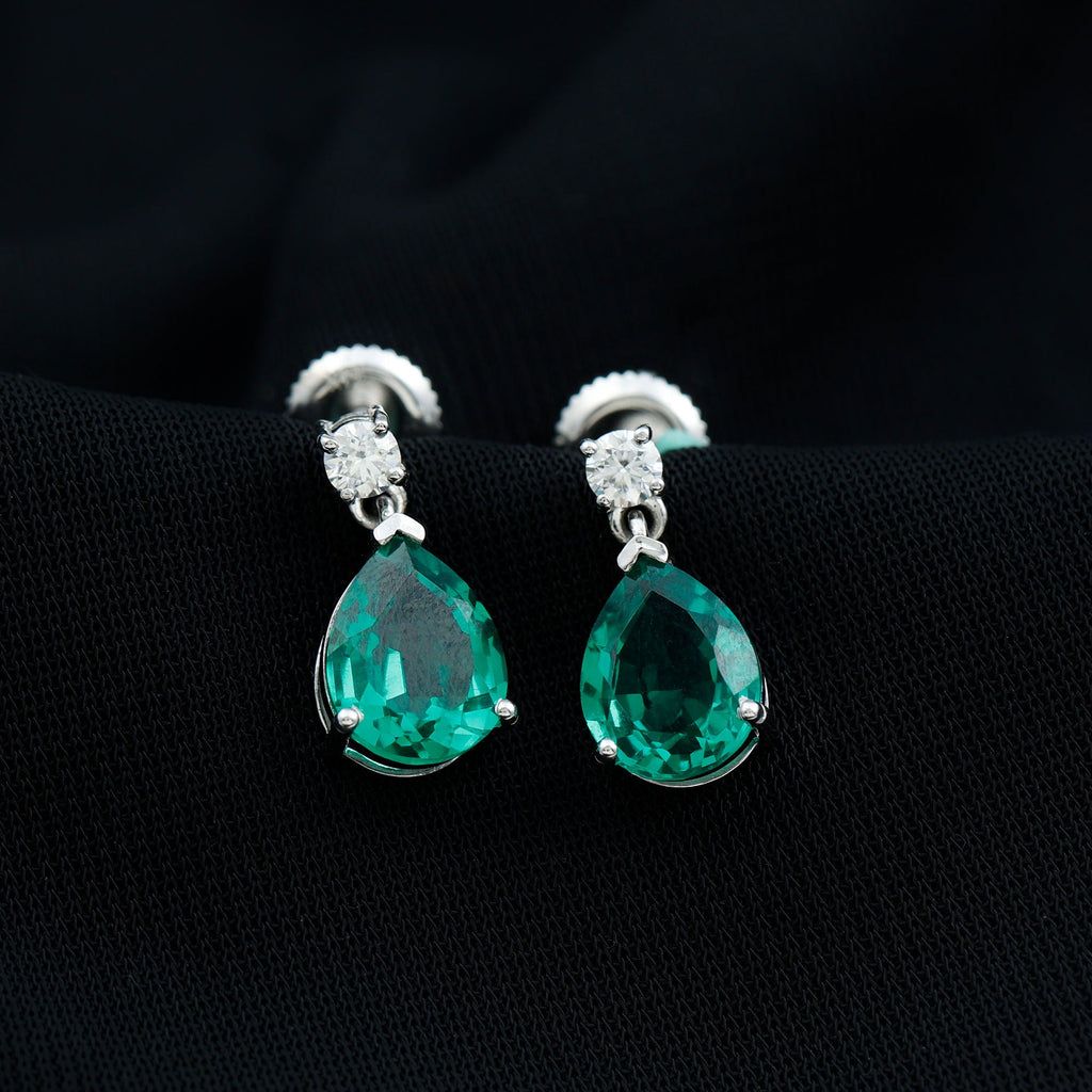 Pear Cut Created Emerald Teardrop Earrings with Moissanite