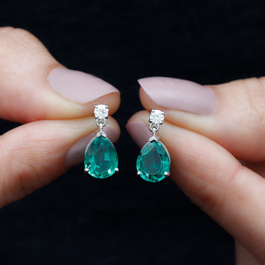 Pear Cut Created Emerald Teardrop Earrings with Moissanite