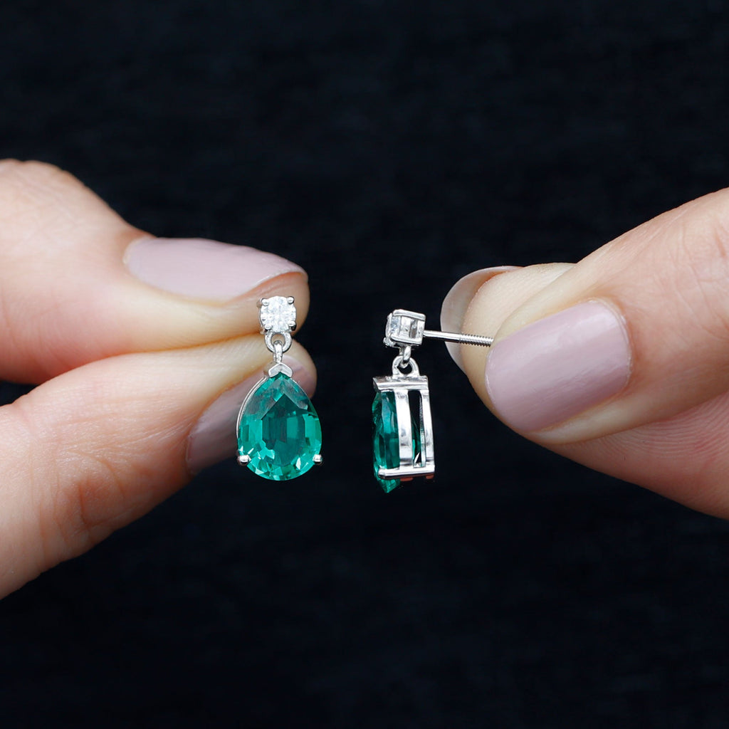 Pear Cut Created Emerald Teardrop Earrings with Moissanite