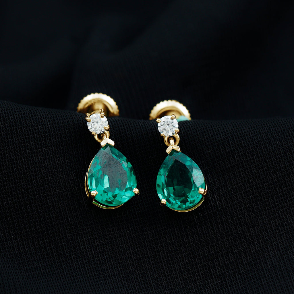 Pear Cut Created Emerald Teardrop Earrings with Moissanite