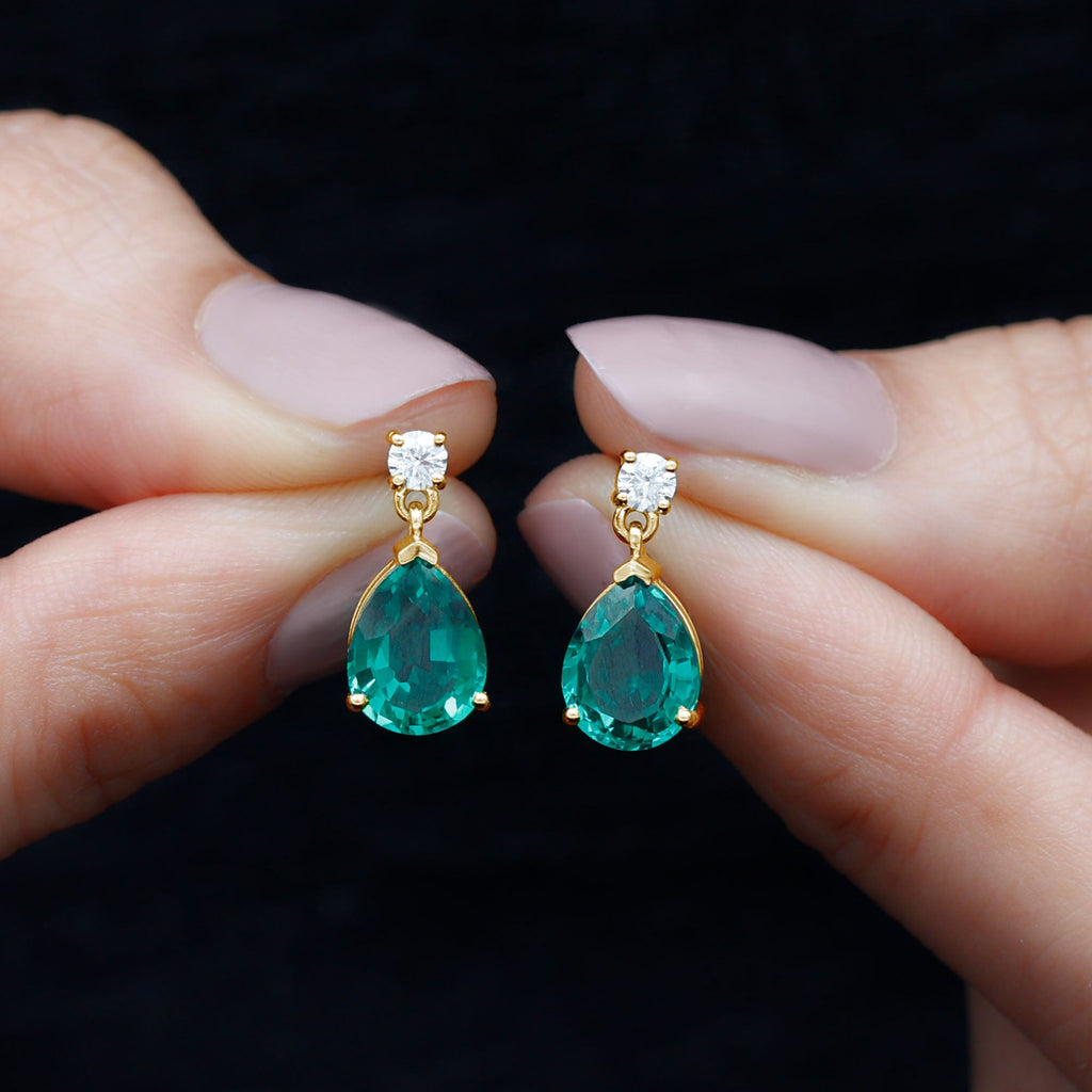 Pear Cut Created Emerald Teardrop Earrings with Moissanite
