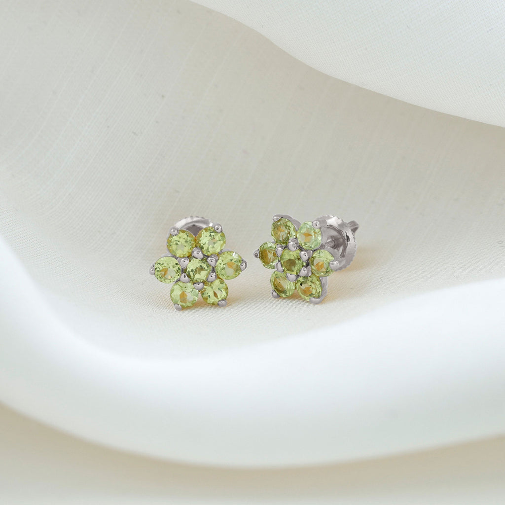 Real 2.24 Carat Peridot Flower Cluster Stud Earrings