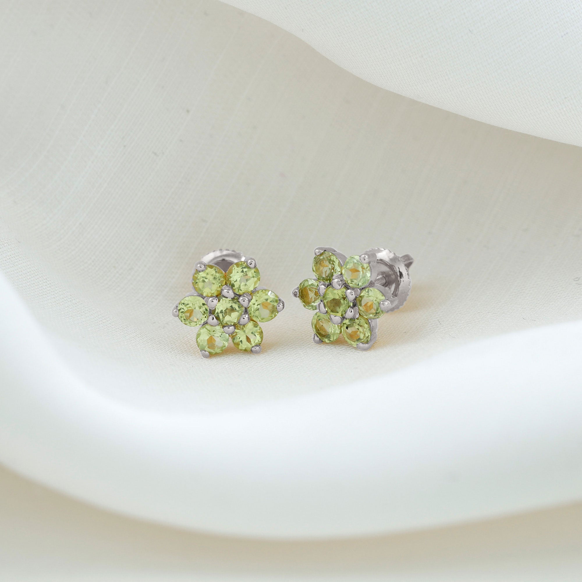 Real 2.24 Carat Peridot Flower Cluster Stud Earrings