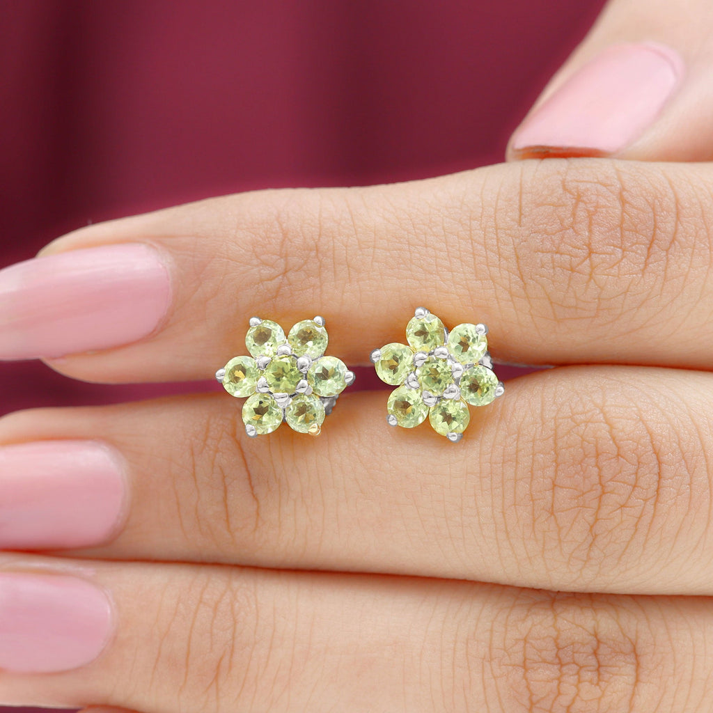 Real 2.24 Carat Peridot Flower Cluster Stud Earrings