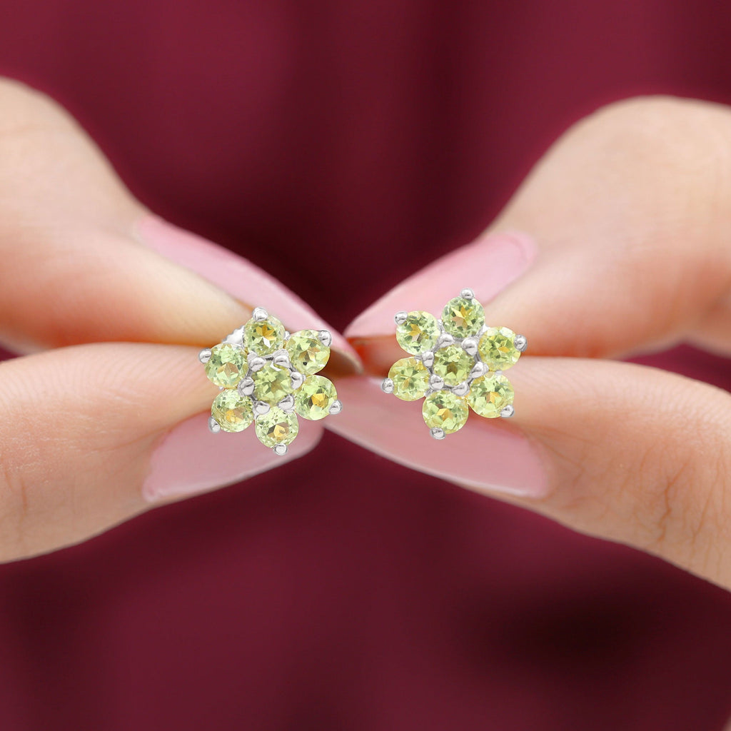 Real 2.24 Carat Peridot Flower Cluster Stud Earrings