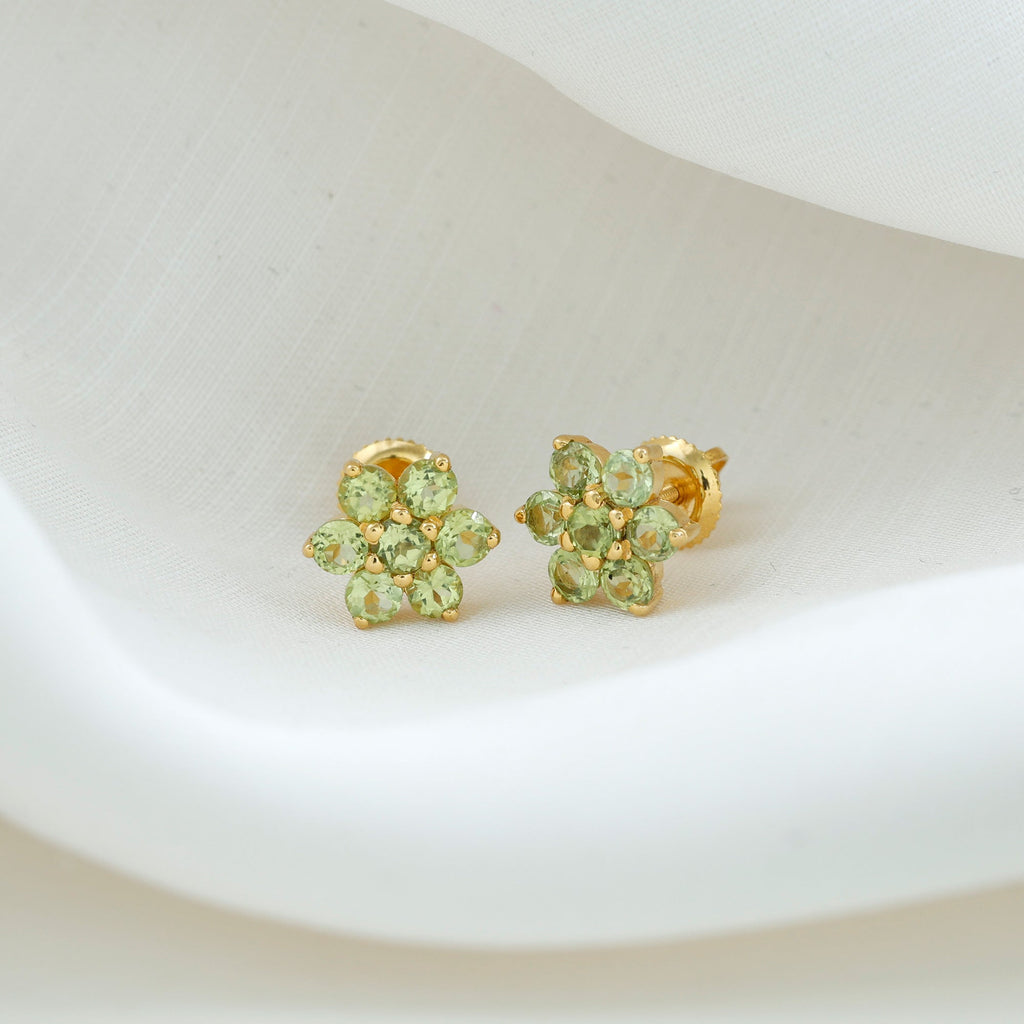 Real 2.24 Carat Peridot Flower Cluster Stud Earrings