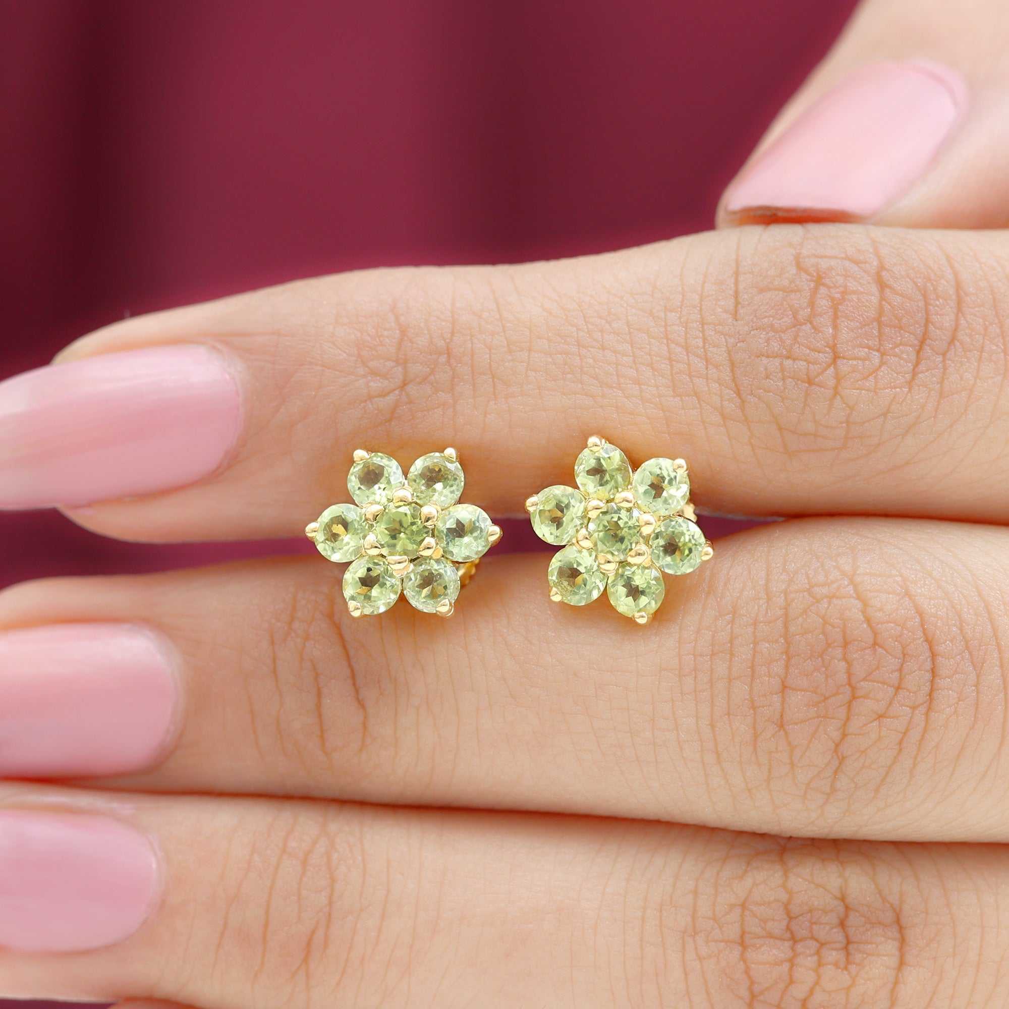 Real 2.24 Carat Peridot Flower Cluster Stud Earrings