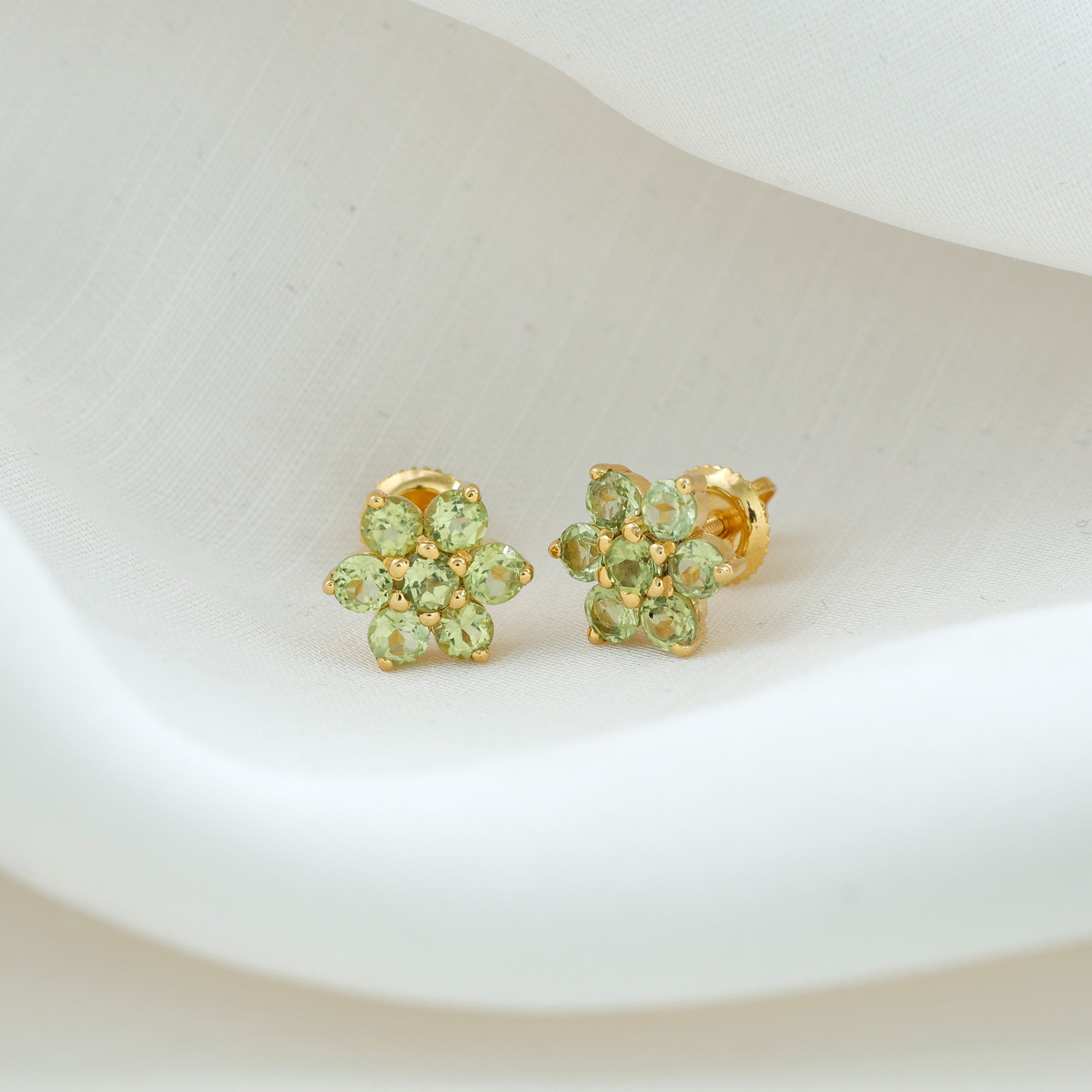 Real 2.24 Carat Peridot Flower Cluster Stud Earrings