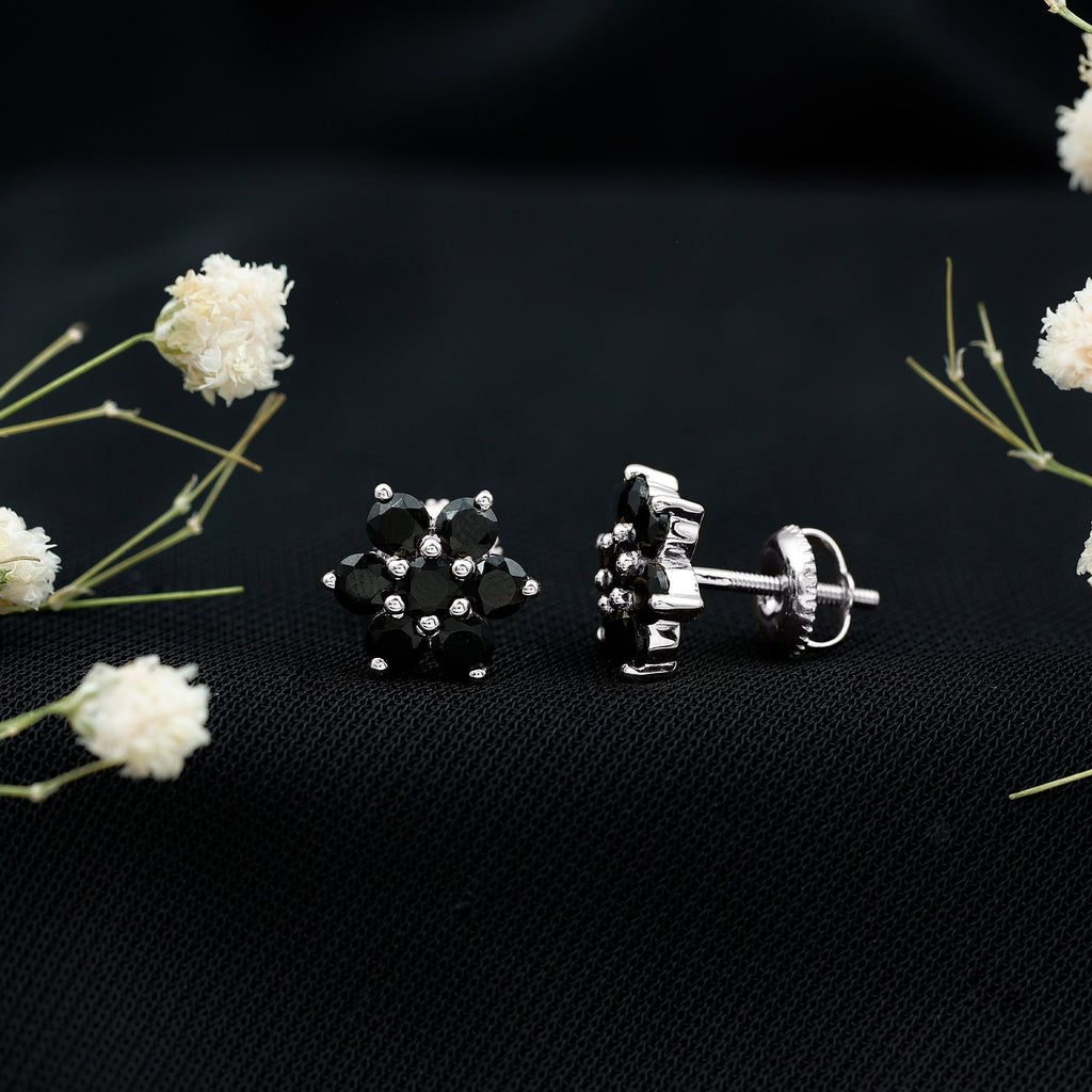 Natural Black Spinel Floral Cluster Stud Earrings