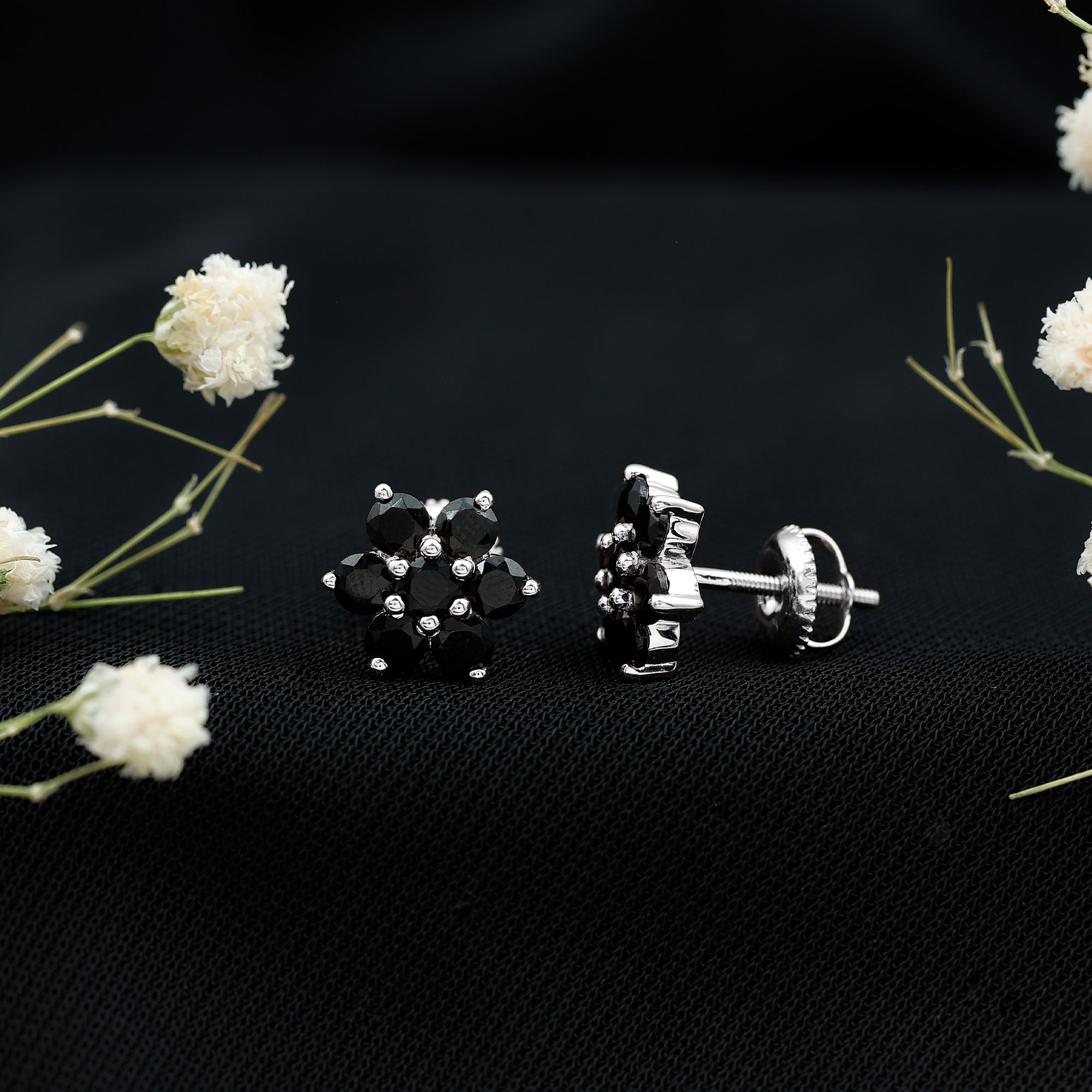 Natural Black Spinel Floral Cluster Stud Earrings