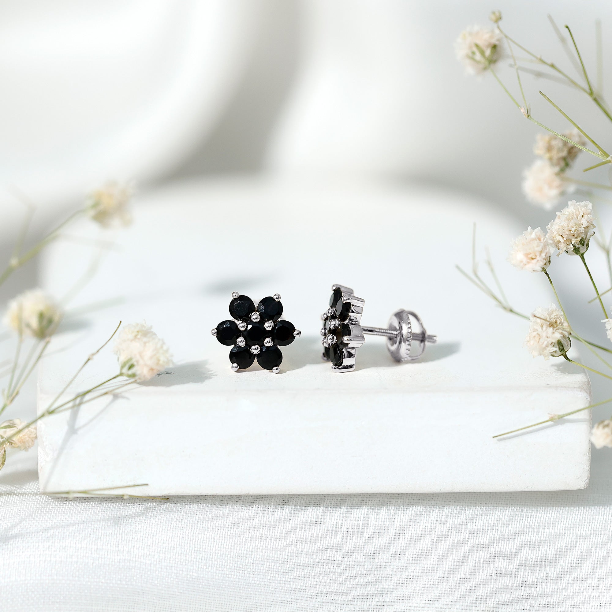 Natural Black Spinel Floral Cluster Stud Earrings