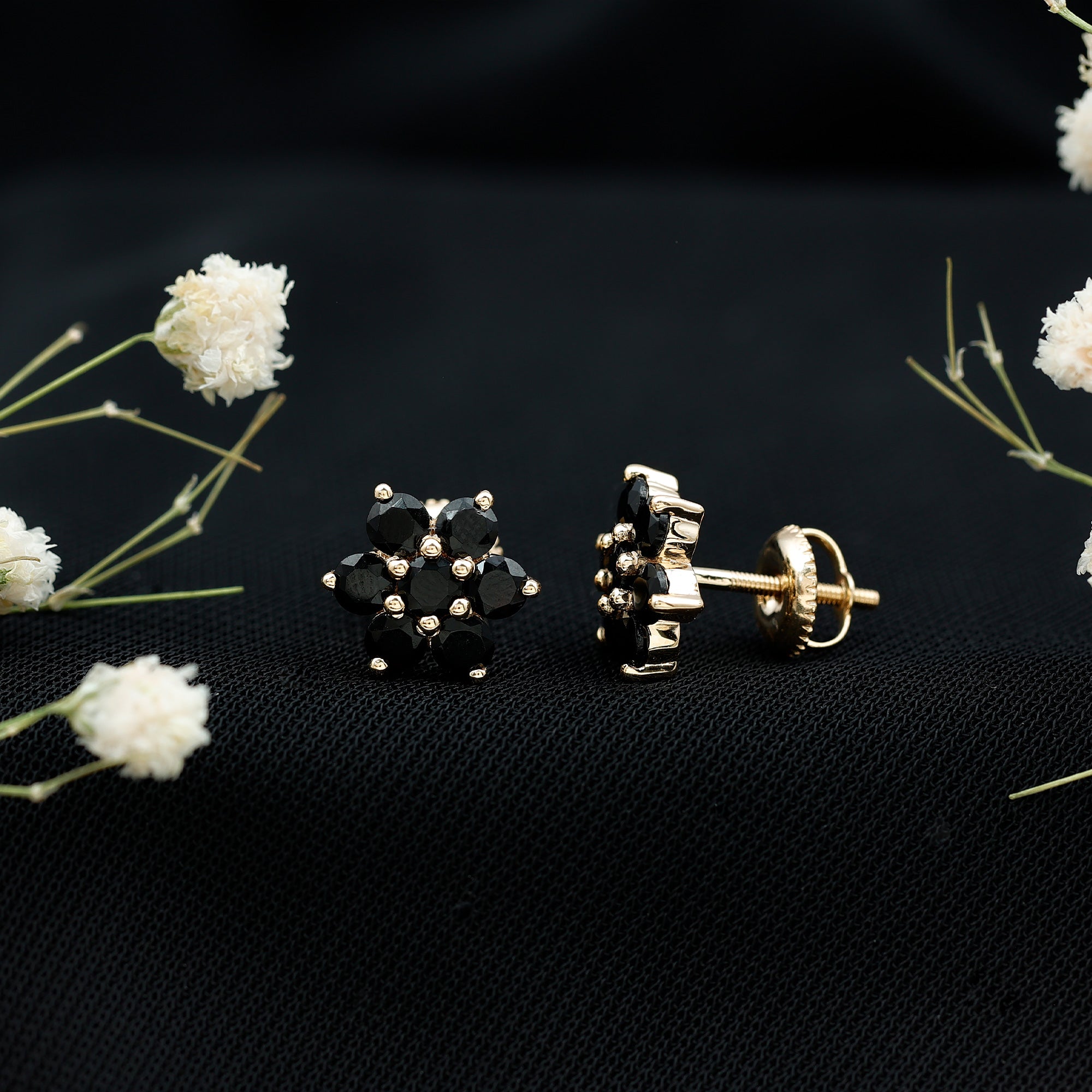 Natural Black Spinel Floral Cluster Stud Earrings