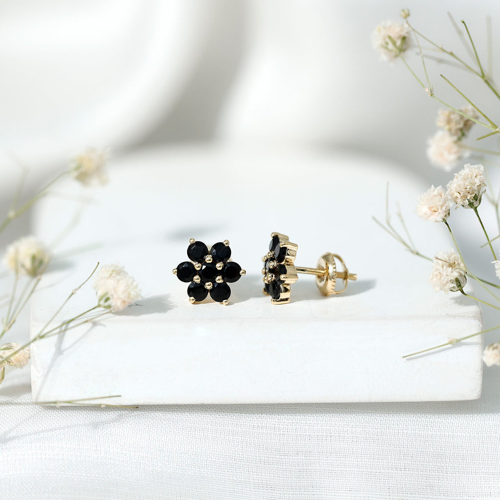 Natural Black Spinel Floral Cluster Stud Earrings