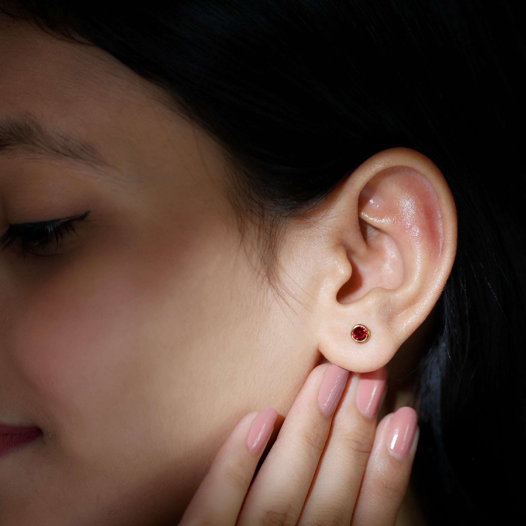 Minimalist Lab Grown Ruby Stud Earrings in Bezel Setting