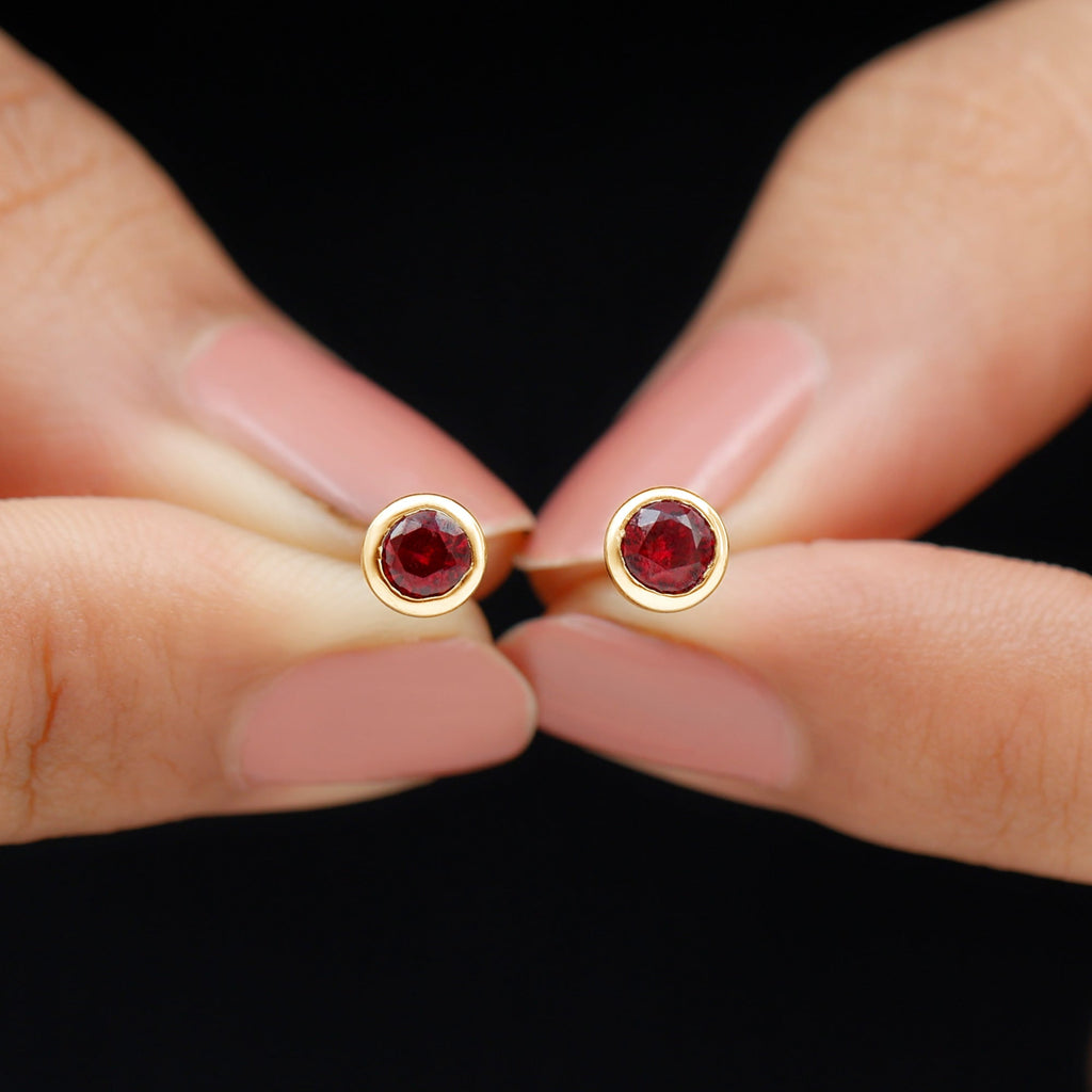 Minimalist Lab Grown Ruby Stud Earrings in Bezel Setting
