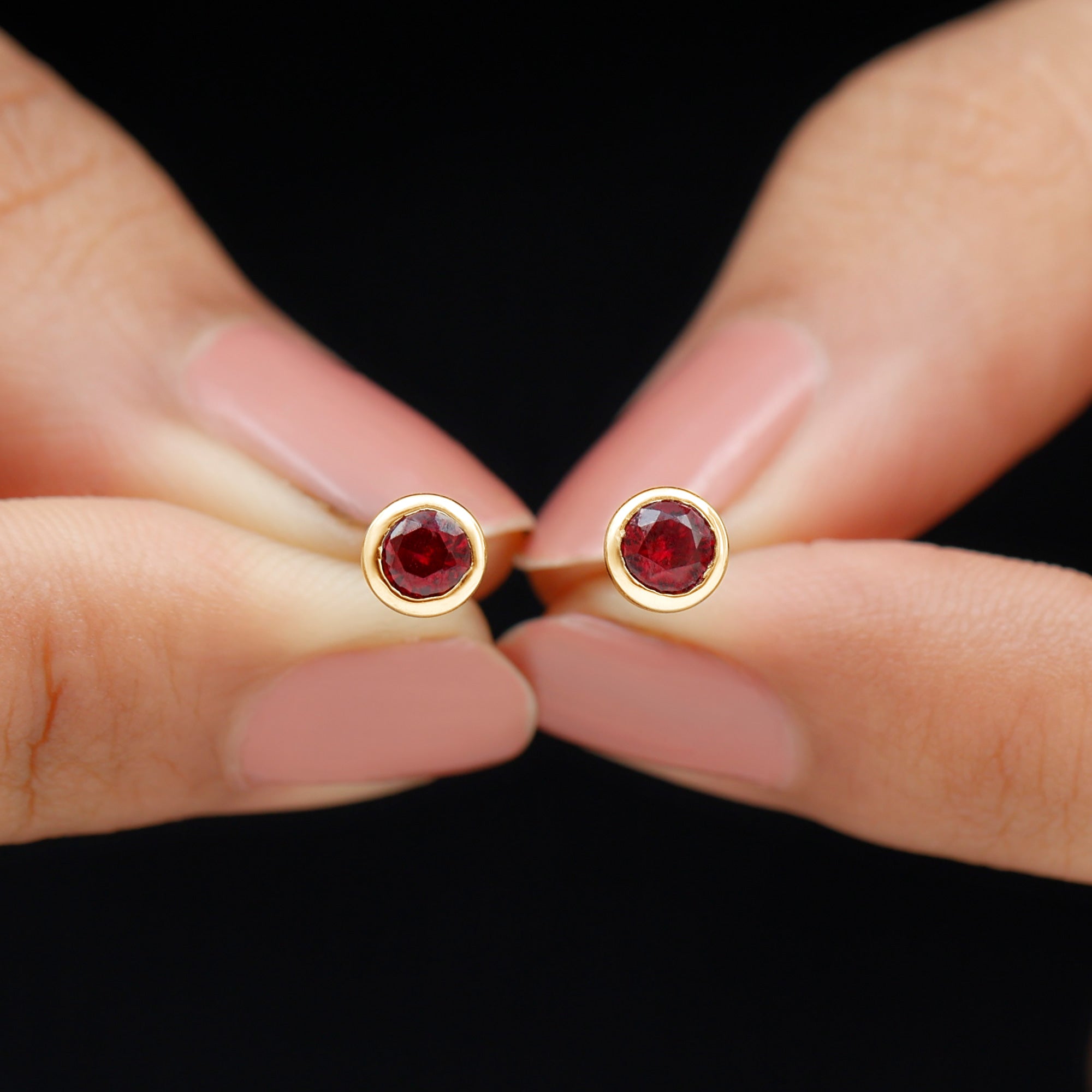 Minimalist Lab Grown Ruby Stud Earrings in Bezel Setting