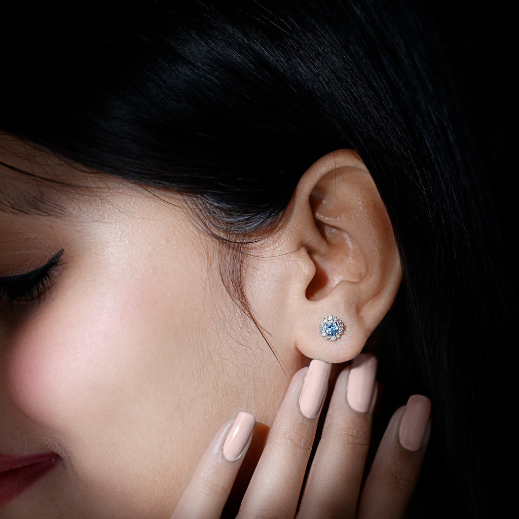 Genuine Aquamarine and Diamond Halo Stud Earrings