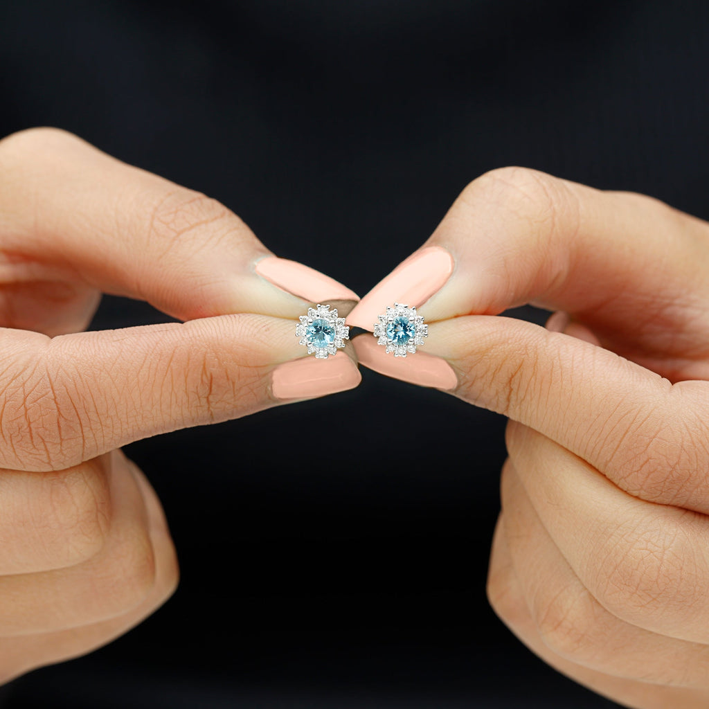 Genuine Aquamarine and Diamond Halo Stud Earrings