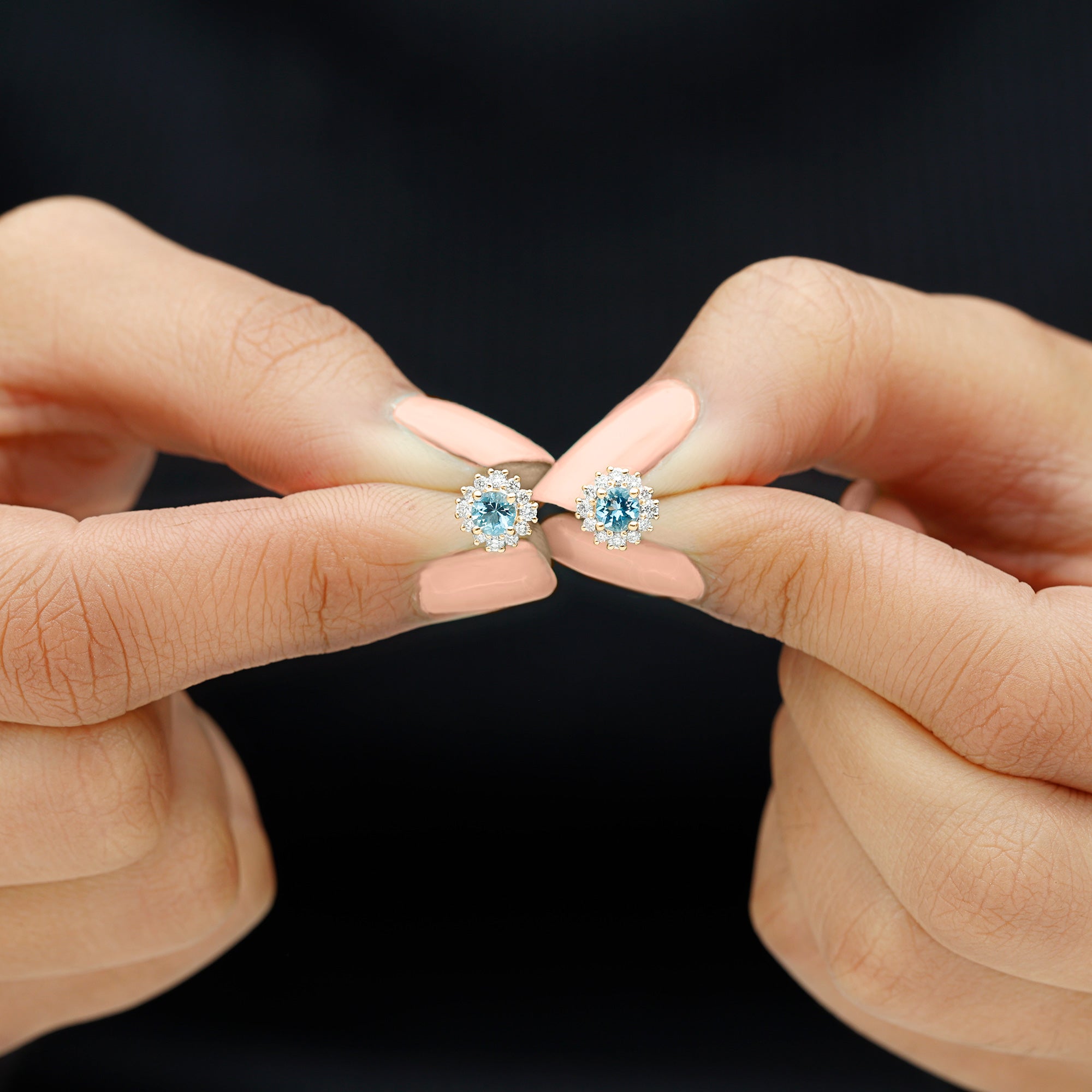 Genuine Aquamarine and Diamond Halo Stud Earrings