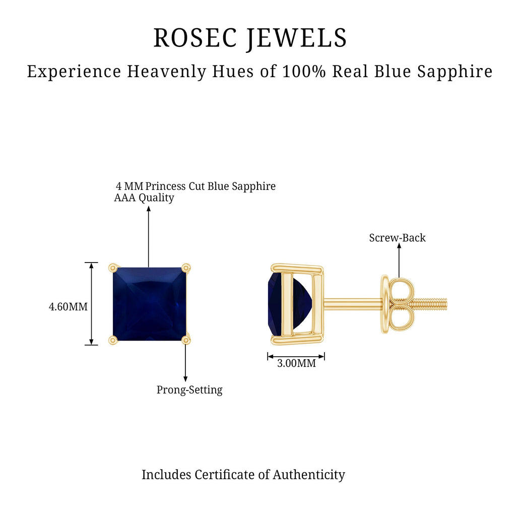4 MM Princess Cut Blue Sapphire Solitaire Stud Earrings in 4 Prong Setting