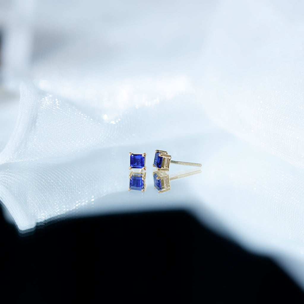 4 MM Princess Cut Blue Sapphire Solitaire Stud Earrings in 4 Prong Setting