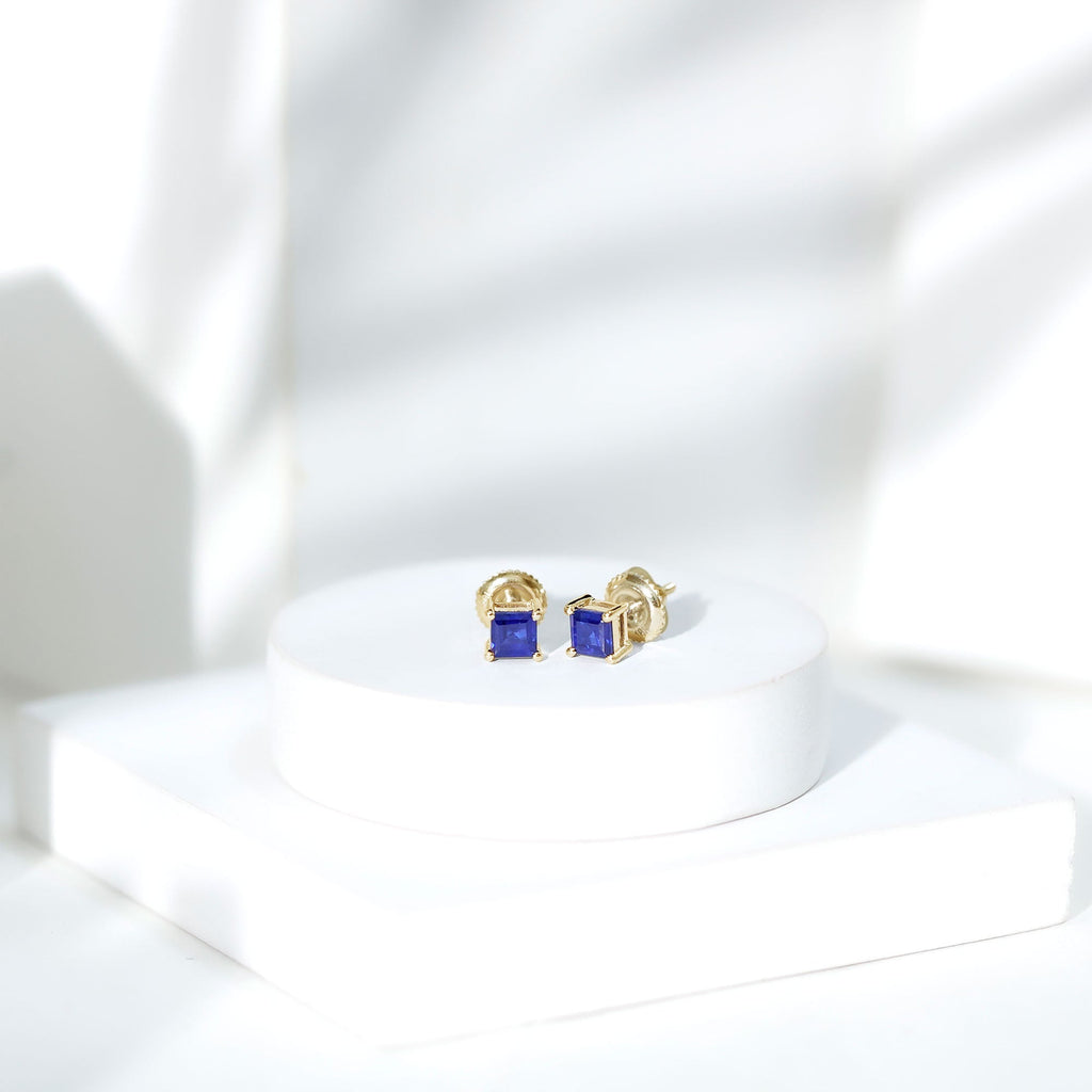 4 MM Princess Cut Blue Sapphire Solitaire Stud Earrings in 4 Prong Setting