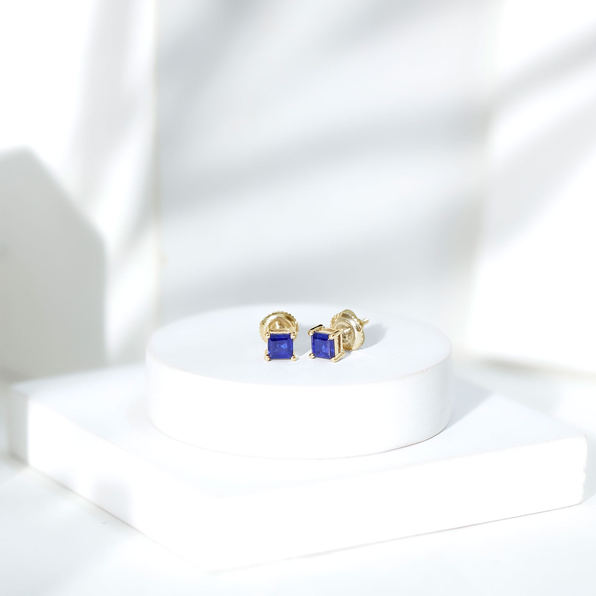 4 MM Princess Cut Blue Sapphire Solitaire Stud Earrings in 4 Prong Setting