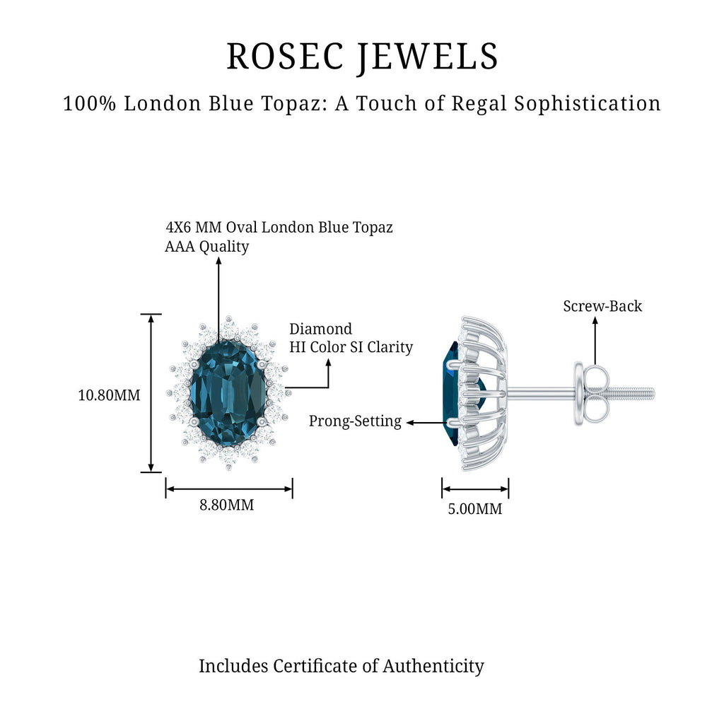 1.75 CT Oval Cut London Blue Topaz and Diamond Starburst Stud Earrings