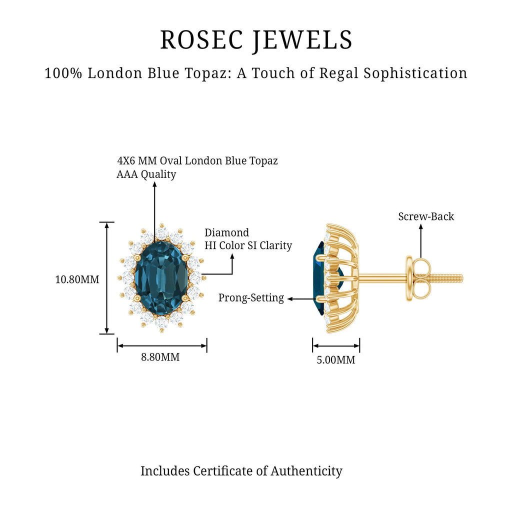 1.75 CT Oval Cut London Blue Topaz and Diamond Starburst Stud Earrings