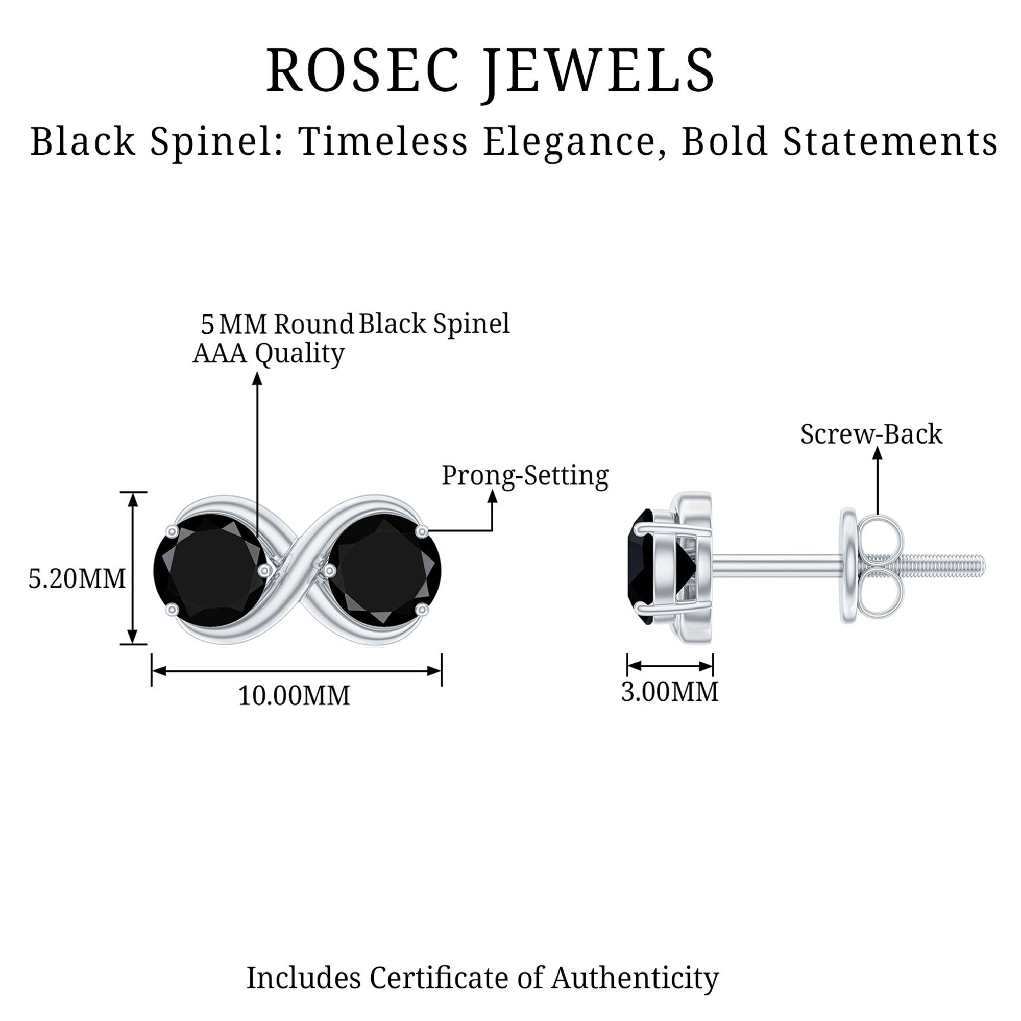 Genuine 1.8 Carat Black Spinel Two Stone Infinity Stud Earrings