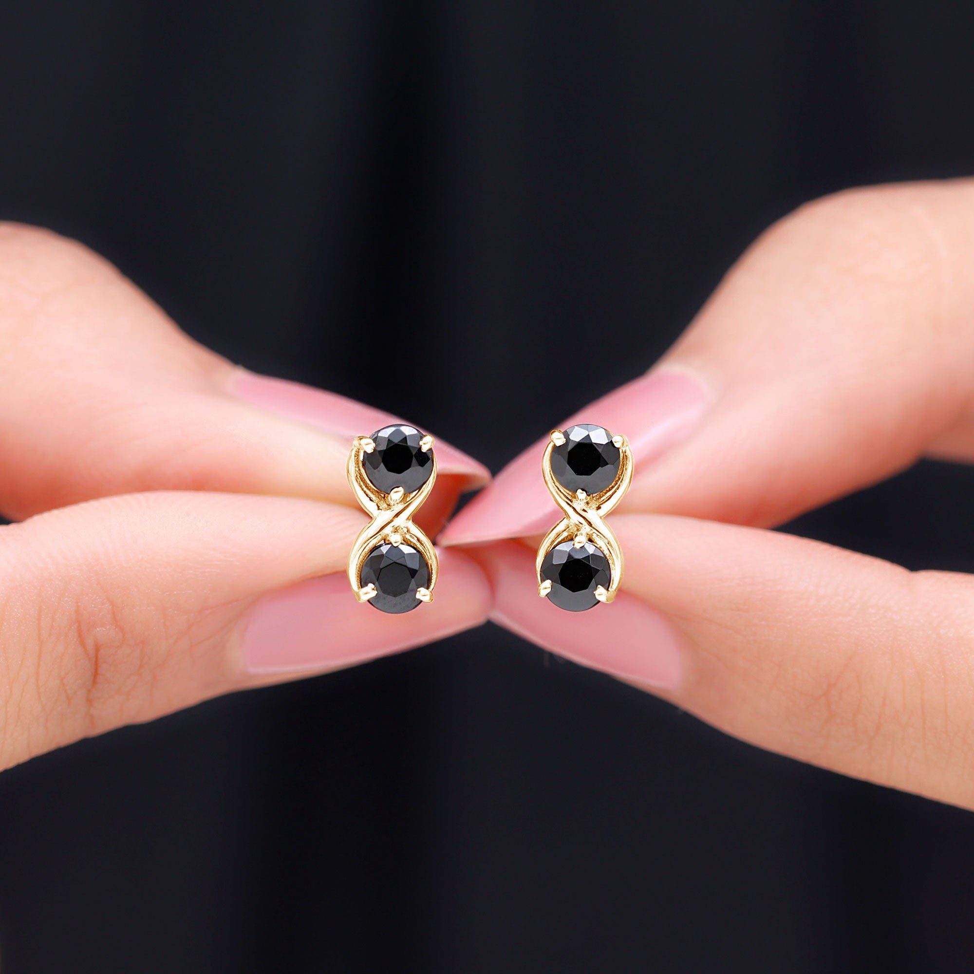 Genuine 1.8 Carat Black Spinel Two Stone Infinity Stud Earrings