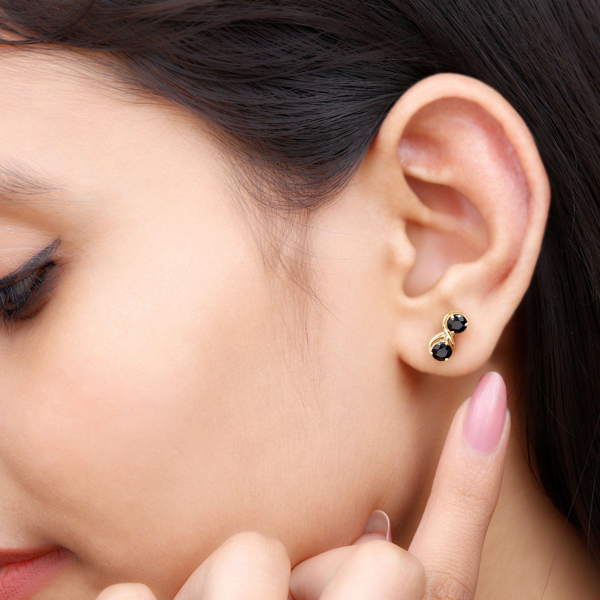 Genuine 1.8 Carat Black Spinel Two Stone Infinity Stud Earrings