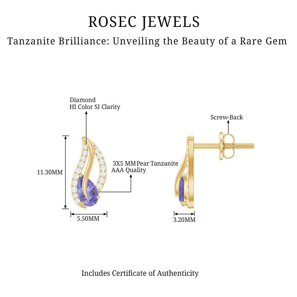 Pear Shape Tanzanite and Diamond Leaf Stud Earrings